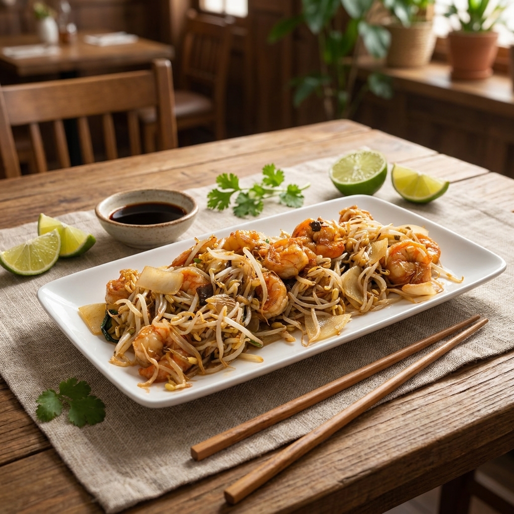 Shop suey aux crevettes Goutali servi sur assiette blanche